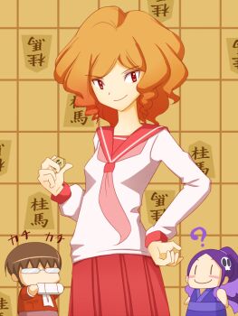 Rule 34 | 1boy, 2girls, ?, blush stickers, board game, chibi, chibi inset, elysia de lute ima, haibara nanaka, hand on own hip, handheld game console, kamekichi (kamekiti), kami nomi zo shiru sekai, katsuragi keima, messy hair, multiple girls, opaque glasses, orange hair, playstation portable, red eyes, school uniform, serafuku, short hair, shogi, smile