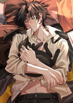 1boy absurdres animal asaba_harumasa belt black_cat black_hair black_necktie black_pants cat closed_eyes collarbone commentary dintoge ear_piercing earrings head_on_pillow highres holding holding_animal holding_cat indoors jewelry lying male_focus navel necktie on_back on_bed pants paper parted_bangs parted_lips partially_unbuttoned piercing pillow shirt short_hair undone_necktie upper_body white_shirt zenless_zone_zero