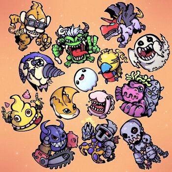 Rule 34 | absurdres, andromon, bakemon, centalmon, digimon, digimon (creature), drimogemon, etemon, ghost, giromon, highres, kunemon, monzaemon, orgemon, patamon, poyomon, scar, scumon, sharp teeth, shellmon, smile, teeth, tokomon, tongue, unimon, wings
