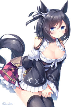 Rule 34 | 1girl, absurdres, animal ears, black hair, black thighhighs, blue eyes, blush, bob cut, bodice, bow, breasts, choker, cleavage, closed mouth, collarbone, commentary request, detached sleeves, dirndl, ear ribbon, ear scrunchie, eishin flash (meisterschaft) (umamusume), eishin flash (umamusume), german clothes, hair between eyes, highres, horse ears, horse girl, horse tail, kanzakietc, large breasts, leaning forward, looking at viewer, red choker, red skirt, scrunchie, shirt, short hair, simple background, skirt, solo, striped clothes, striped skirt, swept bangs, tail, thighhighs, umamusume, vertical-striped clothes, vertical-striped skirt, white background, white scrunchie, white shirt