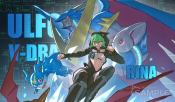 1girl armor artist_name bike_shorts bikini bikini_top_only bikini_under_clothes black_bikini black_footwear black_jacket black_shorts black_thighhighs blue_armor blue_skin bly_mead boots breasts character_name chinese_commentary cleavage clenched_hands colored_skin commentary_request digimon digimon_(creature) digimon_world_re:digitize dragon evolutionary_line goggles goggles_around_neck green_eyes green_hair grin hair_between_eyes hair_ornament highres hood hood_up hooded_jacket jacket knee_boots long_sleeves multicolored_bikini navel one_eye_closed orange_eyes over-kneehighs partially_unzipped red_eyes sample_watermark shinomiya_rina short_hair short_hair_with_long_locks shorts sidelocks small_breasts smile stomach swimsuit teeth thighhighs two-tone_bikini ulforcev-dramon v-mon watermark white_bikini white_skin x_hair_ornament