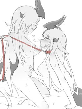 2girls animal_collar arknights bdsm black_tail blunt_bangs blunt_ends blush breasts collar commentary_request dragon_girl dragon_horns femdom fingering grabbing_another's_chin hand_on_another's_chin highres holding holding_leash horns incest laonian_chonglangren leash long_hair long_sidelocks looking_at_another multiple_girls multiple_horns necrass_(arknights) one_eye_covered red_collar reed_(arknights) siblings sidelocks sisters slave small_breasts yuri