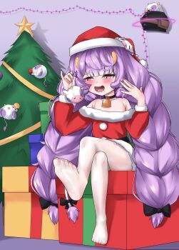 1girl animal_ears bare_shoulders bow braid christmas christmas_tree collarbone cow_ears cow_tail equus_ignis feet hat highres horns loli long_hair mesugaki mini_moo muu_muyu pantyhose phase_connect pink_eyes purple_hair santa_costume santa_hat shirt sitting smug soles solo strapless strapless_shirt tail very_long_hair virtual_youtuber
