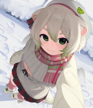 1girl adversarial_noise animal_ear_fluff animal_ears artist_name beret braid braided_bangs breasts cleavage_cutout clothing_cutout commentary day english_commentary ferret_ears ferret_girl from_above gradient_hair green_eyes green_hair hair_between_eyes hat highres laimu_(vtuber) laimu_(winter)_(vtuber) long_sleeves looking_at_viewer looking_up miniskirt multicolored_hair outdoors pink_scarf pink_thighhighs plaid_clothes plaid_skirt pleated_skirt scarf selfie short_hair skirt smile snow solo sweater thighhighs vinesauce virtual_youtuber white_hair white_hat white_sweater window yoako