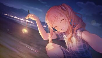 1other akiyama_mizuki beach blurry blurry_background closed_eyes colorful_palette dress facing_viewer grin highres holding holding_fireworks long_hair night official_art other_focus outdoors pink_hair ponytail project_sekai selfie short_sleeves smile solo