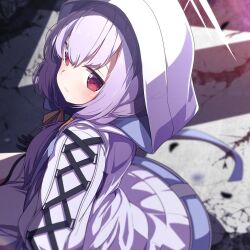 Rule 34 | 1girl, atsuko (blue archive), black gloves, blue archive, blush, closed mouth, from side, gloves, grey halo, hair between eyes, halo, hood, hood up, hooded jacket, jacket, long hair, long sleeves, okota mikan, purple hair, red eyes, sitting, solo, white jacket