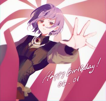 1girl amoris_(bang_dream!) bang_dream! bang_dream!_it's_mygo!!!!! commentary corset dated dated_commentary earrings geosmichi77 happy_birthday highres jewelry long_sleeves open_mouth purple_hair red_eyes short_hair solo yuutenji_nyamu
