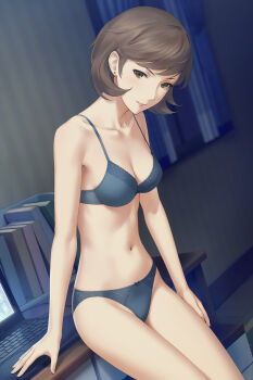 1girl against_desk bra breasts brown_eyes computer curtains earrings hand_on_own_thigh highres jewelry looking_at_viewer medium_breasts miura-n315 navel paid_reward_available panties persona persona_3 short_hair smile solo stomach stud_earrings thighs toriumi_isako underwear underwear_only