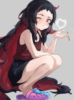 1girl asymmetrical_footwear black_hair black_skirt blush cigarette colored_inner_hair crocs eyelashes grey_background highres holding holding_cigarette long_hair mismatched_footwear multicolored_hair omeletricetaro3 one_eye_closed original red_eyes red_hair red_shirt shirt simple_background skirt sleeveless sleeveless_shirt smoke solo squatting tank_top two-tone_hair very_long_hair