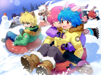 3boys 3girls animal_ears bear_ears black_hair black_jacket blonde_hair blue_hair blush boots breasts brown_footwear brown_sailor_collar buffalo_(trickster) bunny_(trickster) closed_eyes cow_horns dot_nose dragon_(trickster) dragon_wings fake_animal_ears fake_head_wings fake_horns fingerless_gloves fur-trimmed_footwear fur-trimmed_jacket fur_trim gloves green_eyes green_jacket grey_jacket head_wings horns hug hug_from_behind innertube jacket lion_(trickster) lion_ears long_sleeves mimi_(ranma3049) multiple_boys multiple_girls official_art open_mouth outdoors pink_hair polar_(tricster) purple_jacket rabbit_ears red_eyes red_hair sailor_collar scarf sheep_(trickster) sheep_ears sitting sledding small_breasts snowman sunlight swim_ring teeth trickster_(ntreev_soft) twintails upper_teeth_only white_gloves white_hair wings winter yellow_jacket