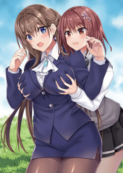 2girls absurdres black_pantyhose black_skirt blue_eyes blue_jacket blue_skirt blush boku_no_kanojo_sensei breast_envy breasts brown_eyes brown_hair collared_shirt commission earrings flower fujiki_maka grabbing_another&#039;s_breast grabbing_from_behind grey_sweater_vest groping hair_between_eyes hair_flower hair_ornament highres jacket jewelry large_breasts long_hair long_sleeves minarai multiple_girls open_mouth pantyhose pixiv_commission school_uniform shirt short_hair skirt standing sweater_vest teacher v-shaped_eyebrows very_long_hair white_shirt