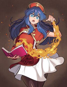 Rule 34 | 1girl, absurdres, arm up, black pantyhose, blue eyes, blue hair, book, brooch, brown background, capelet, casting spell, dress, fire emblem, fire emblem: the binding blade, hat, highres, holding, holding book, jewelry, lilina (fire emblem), long hair, looking at viewer, lower teeth only, magic, missandydandy, nintendo, open mouth, pantyhose, red capelet, red hat, red tabard, short dress, tabard, teeth, white dress