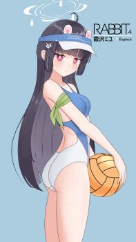 1girl absurdres ahoge armband ass ball black_hair blue_archive blunt_bangs breasts character_name competition_swimsuit halo highres long_hair looking_at_viewer miyu_(blue_archive) one-piece_swimsuit rabbit_ornament red_eyes sembem sidelocks simple_background small_breasts solo swimsuit twitter_username two-tone_swimsuit visor_cap volleyball_(object) white_background white_halo