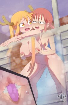 2girls absurdres artist_name blonde_hair blush breasts completely_nude dildo double_dildo dragon_girl dragon_horns female_focus glasses highres horns horny_graphite kobayashi-san_chi_no_maidragon kobayashi_(maidragon) large_breasts long_hair multiple_girls multiple_views navel nipple_stimulation nipple_tweak nipples nude object_insertion open_mouth patreon_username pussy pussy_juice red_hair sex sex_from_behind sex_toy shared_object_insertion small_breasts standing standing_sex tohru_(maidragon) twitter_username uncensored vaginal vaginal_object_insertion yuri