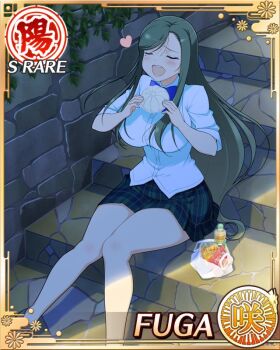 Rule 34 | :o, bag, blue bow, blue bowtie, border, bow, bowtie, breasts, card (medium), character name, closed mouth, eating, english text, food, fuga (senran kagura), game cg, green hair, green skirt, heart, large breasts, long hair, long sleeves, lunch, mole, mole under eye, official alternate costume, official art, open mouth, parted bangs, plaid clothes, plaid skirt, plastic bag, sakigei municipal academy school uniform, school uniform, senran kagura, senran kagura new wave, shade, shirt, sitting, sitting on stairs, skirt, smile, stairs, steamed bun, treble clef, white shirt