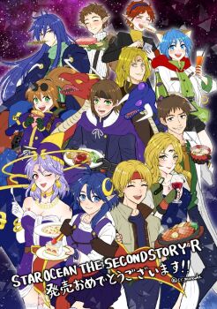 Rule 34 | :d, ashton anchors, belt, blonde hair, blue eyes, blush, bowman jean, breasts, brown hair, cake, celine jules, chisato madison, claude c. kenny, closed mouth, cryamada, dias flac, dragon, dress, drink, ernest raviede, eyewear on head, food, gloves, green eyes, leon geeste, long hair, looking at viewer, mechanical arms, medium hair, multiple boys, multiple girls, noel chandler, open mouth, opera vectra, pantyhose, ponytail, precis neumann, rena lanford, short hair, skirt, smile, star (sky), star ocean, star ocean: the second story, thighhighs