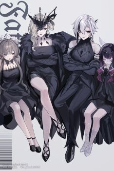4girls arlecchino_(genshin_impact) bare_shoulders black_dress black_eyes black_gloves black_hair black_hands black_pants black_shoes blonde_hair blue_eyes brown_hair closed_eyes coat coat_on_shoulders colored_extremities columbina_(genshin_impact) crossed_arms crossed_legs dress elbow_gloves eye_mask fur-trimmed_coat fur_trim genshin_impact gloves grey_background grey_hair head_wings highres kukatsuma long_hair looking_at_viewer maid_headdress mask multicolored_hair multiple_girls pants ponytail purple_hair sandrone_(genshin_impact) shoes short_hair_with_long_locks signora_(genshin_impact) sitting streaked_hair symbol-shaped_pupils two-tone_hair wings x-shaped_pupils