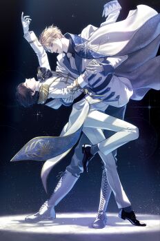 2boys absurdres ahoge america_(hetalia) arm_up axis_powers_hetalia belt black_belt black_bow black_bowtie black_hair black_shirt black_shoes black_socks blonde_hair blue_background blue_eyes blue_jacket blue_pants boots bow bowtie chain closed_eyes closed_mouth coat collared_shirt commentary_request epaulettes floating_clothes formal_clothes full_body glasses gloves grey-framed_eyewear grey_coat hair_between_eyes highres holding_hands ice jacket japan_(hetalia) lapels long_sleeves looking_at_another looking_down male_focus multiple_boys necktie npyon open_clothes open_coat open_mouth pants semi-rimless_eyewear shadow shirt shoes short_hair smile snowflake_ornament snowflake_print snowing socks sparkle sparkle_background stage_lights standing standing_on_one_leg suit suit_jacket teeth tongue two-sided_coat two-sided_fabric two-sided_jacket white_boots white_coat white_gloves white_jacket white_necktie white_pants white_suit yaoi