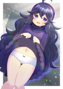 1girl @_@ ahoge black_hair blurry blurry_background border bow bow_panties breasts clothes_lift commentary_request commission dress dress_lift feet_out_of_frame hair_between_eyes hairband hex_maniac_(pokemon) knees_together_feet_apart kou_hiyoyo lifting_own_clothes long_hair long_sleeves medium_breasts navel nintendo open_mouth outside_border panties pokemon purple_dress purple_eyes purple_hairband skeb_commission solo thigh_gap underwear very_long_hair wavy_hair white_border white_panties