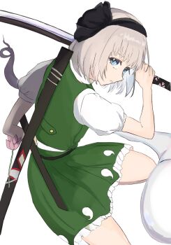 1girl black_bow black_hairband blue_eyes bow bow_hairband commentary frilled_skirt frills green_shirt green_skirt hairband highres hitodama hitodama_print holding holding_sword holding_weapon katana konpaku_youmu konpaku_youmu_(ghost) looking_at_viewer min122309 puffy_short_sleeves puffy_sleeves sheath shirt short_hair short_sleeves simple_background skirt solo sword touhou weapon white_background white_hair
