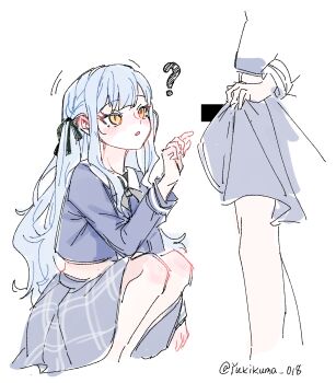 Rule 34 | 2girls, ?, bang dream!, bang dream! it's mygo!!!!!, bar censor, blue hair, blue shirt, blue skirt, blush, censored, chinese commentary, clothes lift, commentary request, futa with female, futanari, highres, long hair, multiple girls, open mouth, school uniform, shirt, sidelocks, simple background, skirt, skirt lift, squatting, togawa sakiko, tsukinomori school uniform, white background, yellow eyes, yukikuma (yukikuma 018)