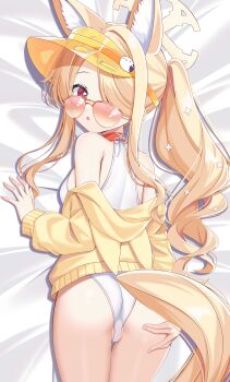 1girl absurdres animal_ear_fluff animal_ears ass blonde_hair blue_archive breasts covered_navel cowboy_shot cross_halo dakimakura_(medium) fox_ears fox_girl fox_tail from_above hair_over_one_eye halo highleg highleg_one-piece_swimsuit highres jacket kazekami_chino long_hair looking_at_viewer looking_back lying official_alternate_costume official_alternate_hairstyle on_stomach one-piece_swimsuit orange-tinted_eyewear orange_eyes seia_(blue_archive) seia_(swimsuit)_(blue_archive) side_ponytail small_breasts solo sunglasses swimsuit tail tinted_eyewear visor_cap white_one-piece_swimsuit yellow_halo yellow_jacket yellow_visor