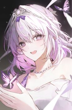 1girl absurdres bare_shoulders bccch123 black_background bug butterfly castorice_(honkai:_star_rail) castorice_(star_rail_live_2025)_(honkai:_star_rail) dress hands_up hashtag-only_commentary highres honkai:_star_rail honkai_(series) insect jewelry long_hair looking_at_viewer necklace official_alternate_costume open_mouth pearl_necklace pointy_ears portrait purple_butterfly purple_eyes purple_hair silver_tiara solo teeth upper_teeth_only white_dress