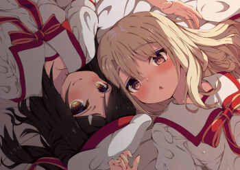 2girls black_hair blush breasts brown_eyes collared_shirt commentary_request fate/kaleid_liner_prisma_illya fate_(series) hair_ornament hairclip highres homurabara_academy_elementary_school_uniform illyasviel_von_einzbern long_hair looking_at_viewer lying miyu_edelfelt multiple_girls neck_ribbon on_back open_mouth peisuto puffy_short_sleeves puffy_sleeves red_eyes red_ribbon ribbon sailor_collar school_uniform shirt short_sleeves sidelocks small_breasts smile white_hair white_sailor_collar white_shirt
