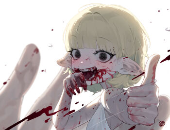 1girl absurdres bare_shoulders black_eyes blonde_hair blood blood_on_arm blood_on_clothes blood_on_face blood_on_hand blunt_bangs blush elf fangs highres k_hottok looking_at_viewer open_mouth original pointy_ears short_hair simple_background sleeveless smile solo teeth thumbs_up upper_body white_background