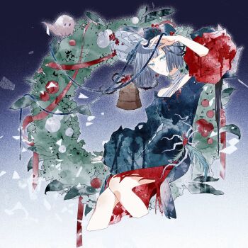 1girl bare_shoulders bell black_dress black_hat blue_background blue_eyes christmas_wreath cropped_legs dress gradient_background grey_hair hand_up hat highres juliet_sleeves long_sleeves looking_at_viewer mercuria_(reverse:1999) monuo518 off-shoulder_dress off_shoulder official_alternate_costume puffy_sleeves reverse:1999 short_hair side_slit solo wide_sleeves wreath