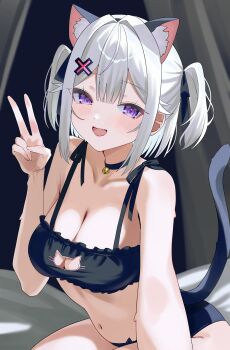 1girl absurdres animal_ears bare_arms bare_shoulders black_bra black_choker bra breasts cat_cutout cat_ears cat_lingerie cat_tail choker cleavage cleavage_cutout clothing_cutout commentary extra_ears frilled_bra frills hair_ornament hair_ribbon hand_up highres looking_at_viewer medium_breasts navel open_mouth original purple_eyes ribbon short_hair smile solo string_bra symbol-only_commentary tail tillots two_side_up underwear v white_hair x_hair_ornament yuki-chan_(tillots)