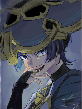 Rule 34 | 1boy, armor, art program request, black bridal gauntlets, black hair, blue cape, blue hair, blue hat, blunt ends, bridal gauntlets, bright pupils, cape, covering own mouth, genshin impact, gold, gold ring, grey background, hand over own mouth, hand up, hat, highres, japanese armor, japanese clothes, jewelry, jingasa, kimono, kote, kurokote, looking at viewer, lower teeth only, male focus, mandala, mandarin collar, middle ring, multicolored hair, numbered, open hand, open mouth, pendant, portrait, purinigax, purple eyes, scaramouche (genshin impact), slit pupils, solo, streaked hair, teeth, tilted headwear, tongue, tsurime, wanderer (genshin impact), white kimono, white pupils