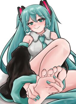 1girl barefoot blue_eyes blue_hair blush feet hatsune_miku highres long_hair looking_at_viewer sei03091 smile soles toes twintails vocaloid