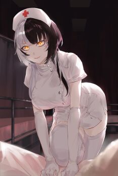 1girl absurdres black_hair breasts dress elbow_gloves gloves grey_hair hat highres hololive hololive_english indoors kurochanai large_breasts long_hair looking_at_viewer multicolored_hair nurse nurse_cap shiori_novella solo split-color_hair thighhighs two-tone_hair virtual_youtuber white_dress white_gloves white_thighhighs yellow_eyes