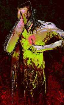 1boy absurdres arm_at_side blood chainsaw chainsaw_man denji_(chainsaw_man) highres kyezzzz object_head pull_cord red_background sharp_teeth solo teeth topless_male