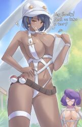 1girl 2girls absurdres aether_foundation_employee aether_foundation_employee_(female) alternate_breast_size bare_shoulders belt big_hair black_hair blush breasts calmgreentori cleavage clipboard closed_mouth coat dark-skinned_female dark_skin glasses hat highres holding holding_clipboard large_breasts looking_at_viewer mature_female multiple_girls navel newsboy_cap nintendo one-piece_swimsuit open_clothes open_coat open_mouth pink-framed_eyewear pokemon pokemon_sm purple_hair short_hair slingshot_swimsuit smile stomach swimsuit white_hat white_one-piece_swimsuit white_slingshot_swimsuit wicke_(pokemon) wide_hips