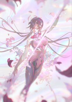 1girl bodysuit breasts brown_hair closed_eyes commentary covered_navel glasses highres jiunn_kuo long_hair makinami_mari_illustrious mecha_pilot_suit mixed-language_commentary navel neon_genesis_evangelion pink_bodysuit plugsuit_(evangelion) rebuild_of_evangelion red-framed_eyewear semi-rimless_eyewear solo under-rim_eyewear