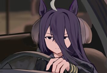 1girl ahoge animal_ears black_hair black_jacket blurry blurry_background but_you_can't_prove_it_(meme) car_interior car_seat depth_of_field dexter_(tv_series) driving dyed_ahoge earrings hair_between_eyes highres horse_ears horse_girl jacket jewelry long_hair long_hair_between_eyes long_sleeves manhattan_cafe_(umamusume) meme parody remise scene_reference serious single_earring solo steering_wheel umamusume