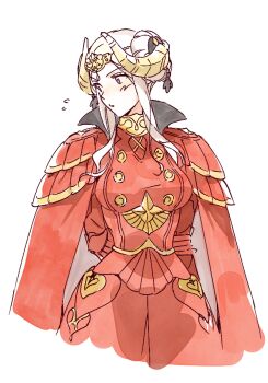Rule 34 | 1girl, arm behind back, breasts, cape, commentary request, cowboy shot, double bun, dress, edelgard von hresvelg, edelgard von hresvelg (timeskip), fake horns, fire emblem, fire emblem: three houses, flying sweatdrops, grey hair, hair bun, horns, korean commentary, looking to the side, medium breasts, nintendo, penguyeon, pout, purple eyes, red cape, red dress, solo