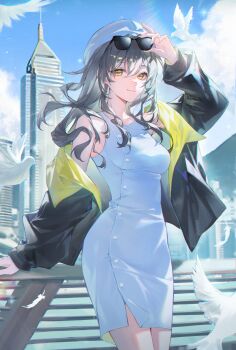 1girl absurdres alternate_costume bare_shoulders beak beret bird black-framed_eyewear black_jacket blue_sky blurry blurry_background breasts building buttons city closed_mouth collarbone commentary_request cowboy_shot day dress eyewear_on_head feathered_wings feathers fingernails flying grey_hair hair_between_eyes hand_up hat highres honkai:_star_rail honkai_(series) jacket korean_commentary lake long_hair long_sleeves looking_at_viewer medium_breasts open_clothes open_jacket outdoors pigeon puffy_long_sleeves puffy_sleeves railing sidelocks sky skyscraper sleeveless sleeveless_dress smile sohan_(sohan_416) solo sparkle standing stelle_(honkai:_star_rail) sunglasses sunlight trailblazer_(honkai:_star_rail) two-sided_fabric two-sided_jacket wavy_hair white_dress white_feathers white_hat wings yellow_eyes yellow_jacket