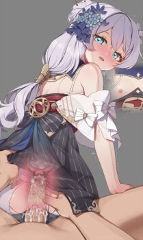 1boy 1girl bare_shoulders black_dress blue_eyes blue_flower blush clothing_aside cum cum_in_pussy cum_overflow dress ejaculation flat_chest flower grey_hair hair_flower hair_ornament hair_tubes hetero highres honkai_(series) honkai_impact_3rd internal_cumshot long_hair looking_at_viewer looking_back nipples open_mouth panties panties_aside pantyhose penis pov pov_crotch pov_hands pussy sex solo_focus tama_(tamatamo) theresa_apocalypse torn_clothes torn_pantyhose uncensored underwear uterus vaginal very_long_hair white_pantyhose x-ray