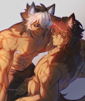 2boys abs animal_ear_fluff animal_ear_piercing animal_ears artist_name back biceps black_hair black_pants black_sclera blue_eyes closed_mouth collarbone colored_sclera commentary crossed_bangs dog_boy dog_ears dog_tail dual_persona ear_piercing english_commentary green_pants grey_background grin hair_between_eyes highres kokorei_jay komano_manato komano_manato_(white_heart_silhouette) large_pectorals looking_at_viewer looking_back male_focus mouth_hold multicolored_hair multiple_boys multiple_scars muscular muscular_male nipples pants pectorals piercing red_eyes red_hair scar scar_across_eye scar_on_arm scar_on_chest scar_on_face scar_on_nose scar_on_shoulder short_hair simple_background smile stalk_in_mouth standing tail teeth topless_male two-tone_hair white_hair zenless_zone_zero