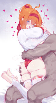 1boy 1girl absurdres ahoge alternate_costume artist_name ass blue_eyes buruma clothed_female_nude_male commentary english_commentary feet girls&#039;_frontline headband heart highres interracial kalina_(girls&#039;_frontline) nude orange_hair red_buruma red_headband shinyozura shirt stirrup_legwear sweat teeth thigh_sex toeless_legwear toes twitter_username upper_teeth_only white_shirt