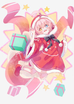 1girl absurdres ahoge black_bow blue_archive blue_eyes boots bow box buttons commentary_request dress fake_facial_hair fake_mustache fang full_body gift gift_box heterochromia highres hood hoshino_(blue_archive) long_sleeves pikamame_il pom_pom_(clothes) red_boots red_dress red_hood santa_costume simple_background solo star_(symbol) white_bow wide_sleeves yellow_eyes