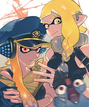 2girls agent_3_(splatoon) agent_3_(splatoon_3) arm_wrap behind-the-head_headphones blonde_hair blue_hair blue_hat blue_tank_top braid choker closed_mouth commentary_request copyright_name crossed_arms earclip eyebrow_cut hat headphones highres inkling korean_commentary leejijijii long_hair looking_at_viewer motion_blur multicolored_hair multiple_girls nintendo orange_hair patchwork_clothes peaked_cap pink_eyes pointy_ears salmonid single_braid smallfry_(splatoon) splatoon_(series) splatoon_3 tank_top tentacle_hair w white_choker yellow_eyes