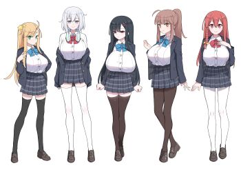 5girls absurdres ahoge akitokage black_hair black_jacket black_skirt black_thighhighs blonde_hair blue_bow blue_bowtie blue_eyes bow bowtie braid breasts brown_eyes brown_hair buttons clenched_hands collared_shirt green_eyes hair_ornament hairclip headphones headphones_around_neck highres jacket large_breasts long_hair long_sleeves multiple_girls off_shoulder orange_bow original pantyhose plaid_clothes plaid_skirt ponytail purple_eyes red_bow red_bowtie red_eyes red_hair school_uniform shirt sidelocks skirt smile star_(symbol) star_hair_ornament thighhighs white_background white_hair white_pantyhose white_shirt white_thighhighs