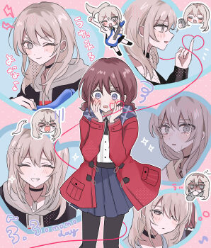 Rule 34 | 2girls, absurdres, beer can, black choker, black jacket, black pantyhose, blue eyes, blue skirt, blush, can, choker, closed eyes, closed mouth, coat, commentary, drink can, earclip, electric guitar, girls band cry, grey eyes, grey hair, grey hoodie, grin, guitar, hamchan69, heart, heart of string, highres, holding, holding can, holding guitar, holding instrument, hood, hoodie, instrument, iseri nina, jacket, jewelry, long hair, multiple girls, necklace, one eye closed, open mouth, pantyhose, pink background, pleated skirt, red coat, red hair, shirt, short twintails, skirt, smile, tears, twintails, white shirt, yuri