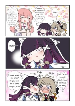 Rule 34 | ..., 3girls, absurdres, bare shoulders, black collar, black hair, black sleeves, blue eyes, blush, bonnet, bow, breasts, brown hair, closed eyes, closed mouth, collar, columbina (genshin impact), detached collar, detached sleeves, dress, embarrassed, english text, eye mask, floral background, floral print, flower, genshin impact, gloves, hair ornament, hashtag-only commentary, head wings, headdress, highres, laughing, leg wrap, long hair, long sleeves, mask, multicolored hair, multiple girls, multiple wings, open mouth, pink hair, purple hair, purple streaks, ribbon, rubbing head, sandrone (genshin impact), see-through clothes, see-through mask, sesield, short hair with long locks, smile, sonnet (genshin impact), squatting, tears, two-tone hair, very long hair, white dress, white gloves, white headdress, white mask, white wings, winding key, wing hair ornament, wings, wrist bow, x-shaped eyewear