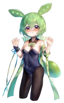 1girl absurdres alternate_costume ap04astral bare_shoulders black_leotard black_pantyhose blush bow bowtie breasts chinese_commentary commentary_request covered_navel cropped_legs detached_collar embarrassed frown green_bow green_bowtie green_hair hair_between_eyes hands_up highres leotard long_hair looking_at_viewer low_ponytail medium_breasts mixed-language_commentary nose_blush orange_eyes pantyhose ponytail simple_background solo strapless strapless_leotard sweat voicevox w_arms wavy_eyes wavy_mouth white_background zundamon