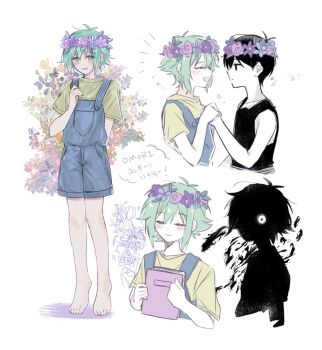 Rule 34 | 3boys, antenna hair, barefoot, basil (headspace) (omori), basil (omori), black eyes, black hair, black skin, black tank top, blue overalls, blush, book, closed eyes, closed mouth, colored skin, commentary request, dual persona, expressionless, flower, flower wreath, green eyes, green hair, green shirt, hair between eyes, head wreath, highres, holding, holding book, looking at another, looking at viewer, male focus, marusei 314, multiple boys, omori, omori (omori), open mouth, overall shorts, overalls, shirt, short hair, short sleeves, sidelocks, simple background, stranger (omori), t-shirt, tank top, translation request, white background, white eyes, white skin